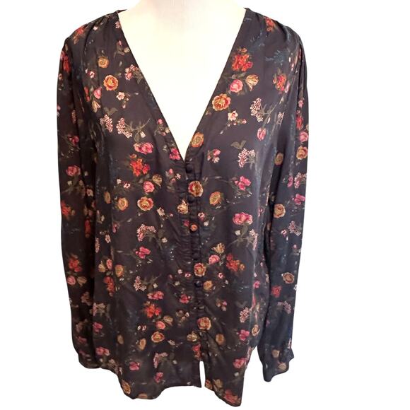 Lucky Brand Modal Button Top Womens Medium Dusty Blue Floral V-Neck Boho Blouse - Picture 2 of 10